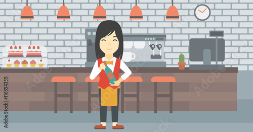 Waitress holding bottle of wine.