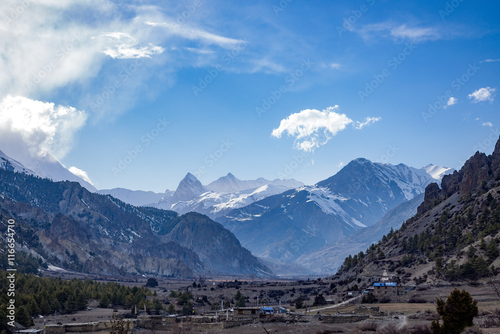 Snow mountain and rural region landscape with clear blue sky, Annapurna Conservation Area, Nepal