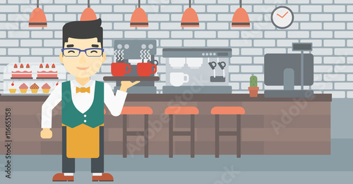 Waiter holding tray with cups of coffeee or tea.