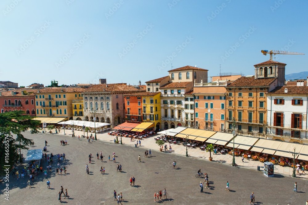 Panoramic view on Buildings on Piazza Bra in Verona - Italy. Piazza Bra, often shortened to Bra, is the largest piazza in Verona, Italy