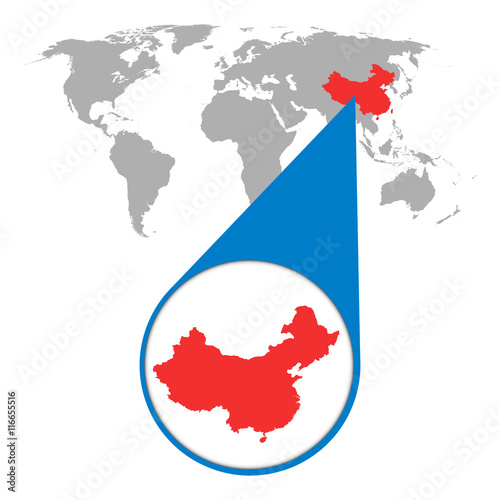 World map with zoom on China. Map in loupe. Vector illustration in flat style