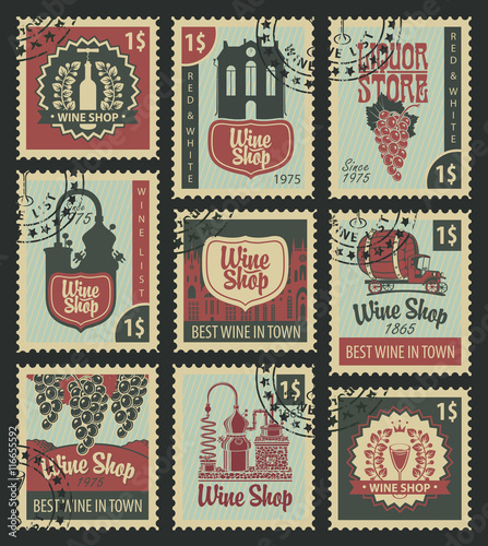 set of postal stamps on theme of wine and liquor