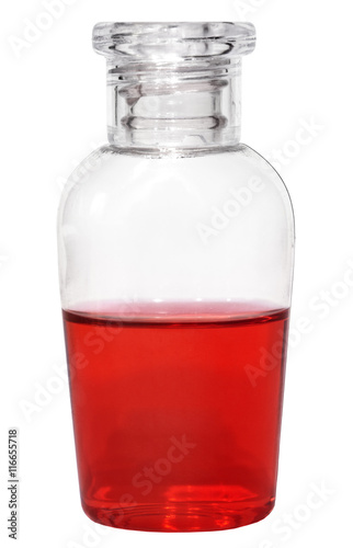 Small vial with red liquid on white background