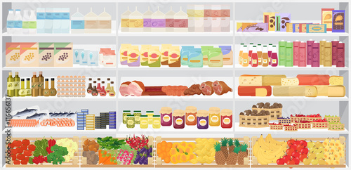 Store supermarket shelves shelfs with products. Vector illustration.