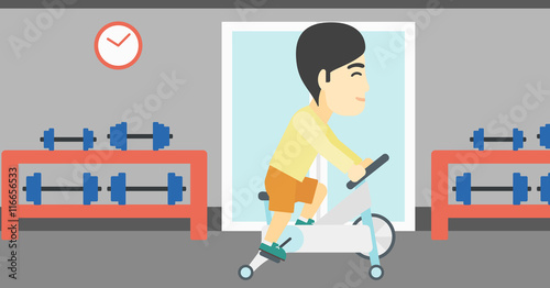 Man riding stationary bicycle vector illustration.