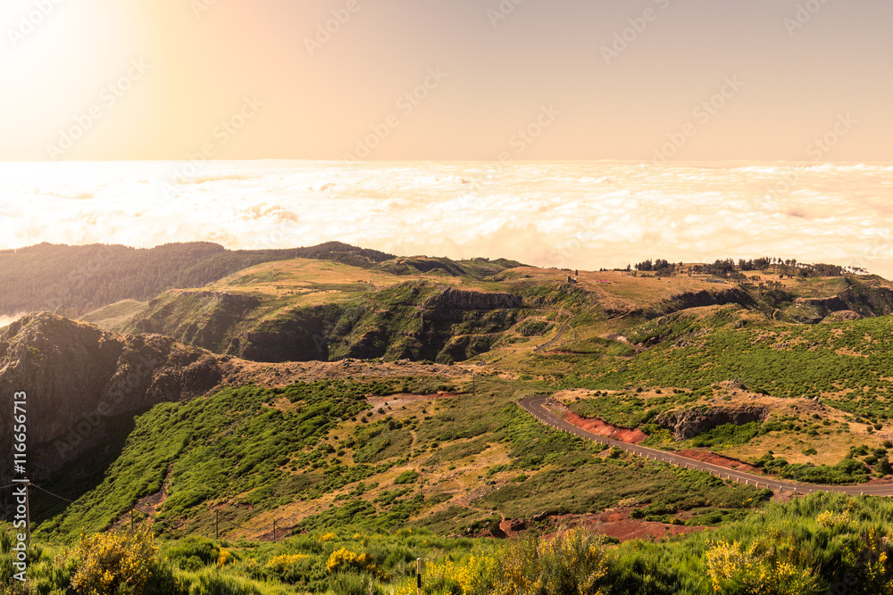 Landscape around Pico do Arieiro in Madeira Island, Portugal. Vintage filter applied.