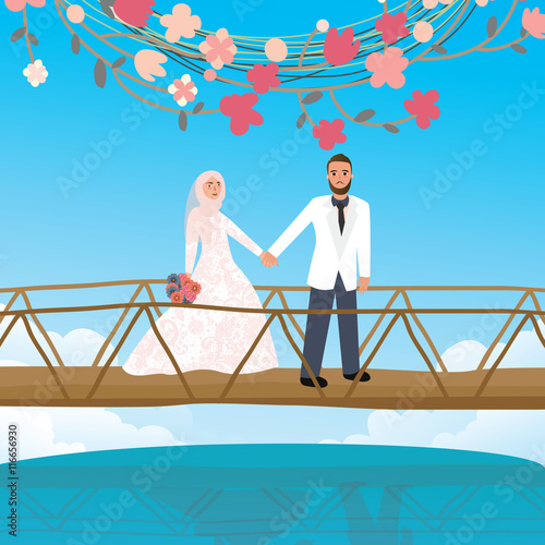 couple holding hand in bridge woman wearing scarf veil Islamic symbol