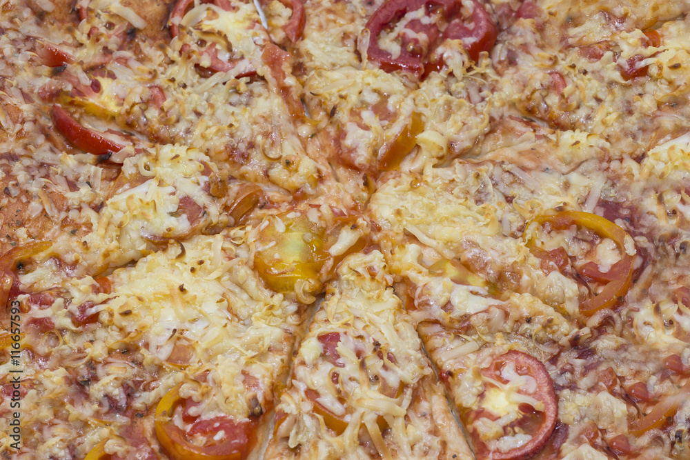 background meat pizza with vegetables close-up shot background meat pizza with vegetables close-up shot