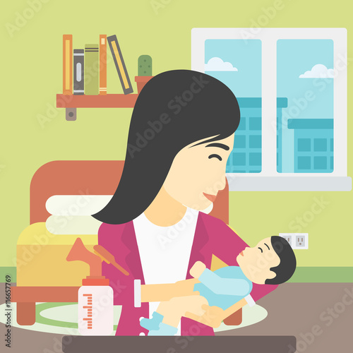 Mother with baby and breast pump.
