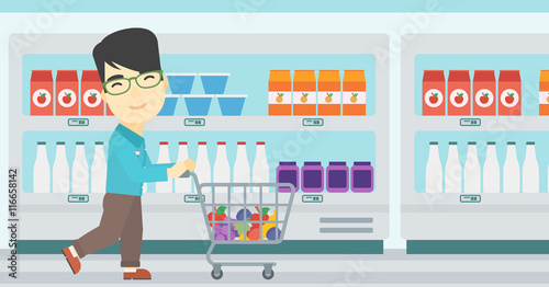 Customer with shopping cart vector illustration.