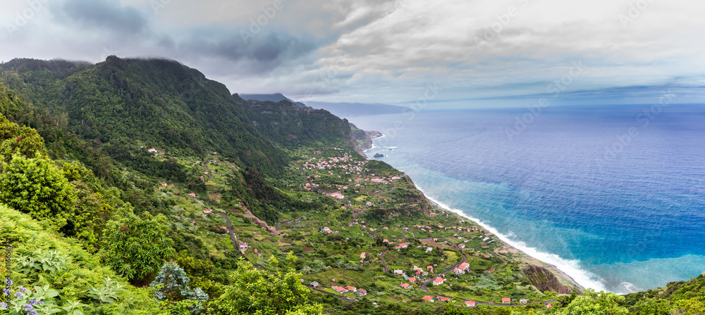 Amazing landscape with a small village Arco de Sao Jorge on the north side of Madeira from Cabanas viewpoint, Portugal