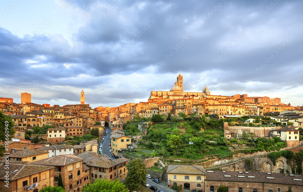 Siena sunset panoramic skyline. Mangia tower and cathedral duomo