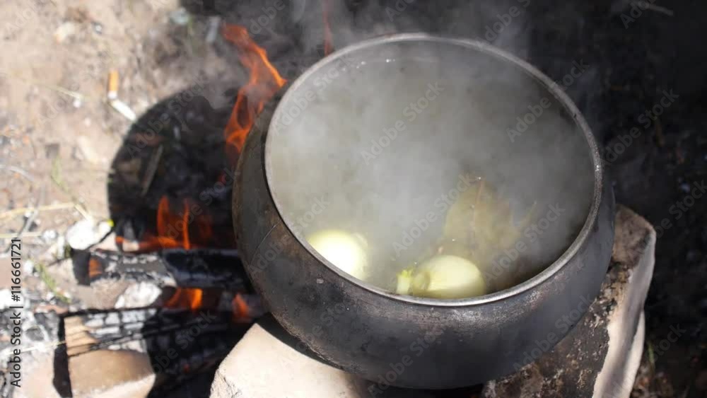 Cooking Fish Soup in Big Pot on Fire in Hike Trip in Camp Cooking Fish Soup in Big Pot on Fire in Hike Trip in Camp
