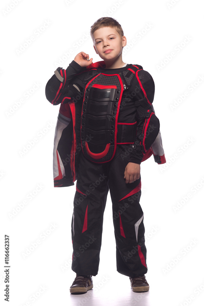 Race car or bike driver. The boy in the costume of the racer isolated on white background