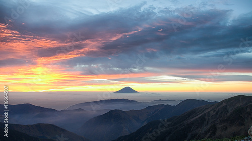 Mountain Fuji and twilight sky while sunrise in the morning  captured from Kitadake  Minami South Alps  Yamanashi Prefecture  Japan