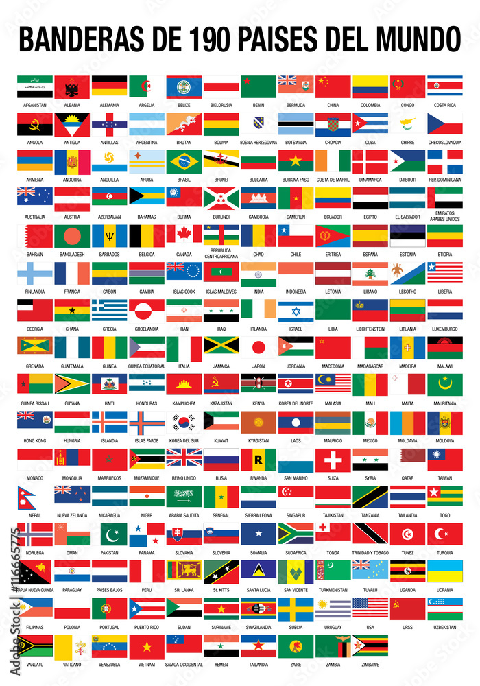 BANDERAS DE 190 PAISES DEL MUNDO (FLAGS OF THE WORLD 190 COUNTRIES in  Spanish language) Stock Vector | Adobe Stock