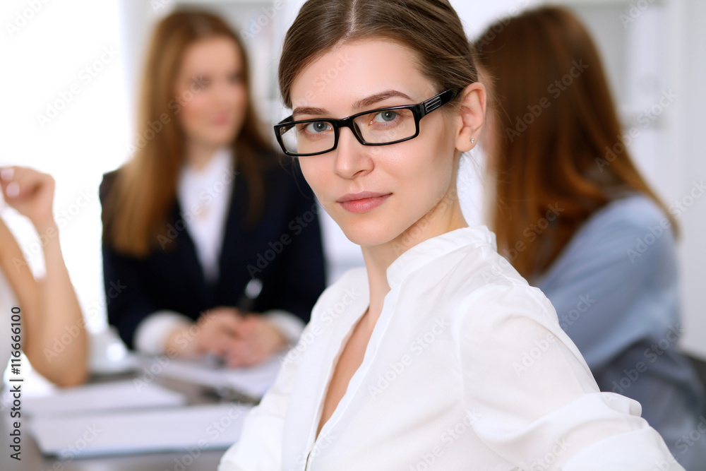 Portrait of a young business woman against a group of business people at meeting. Portrait of a young business woman against a group of business people at meeting.