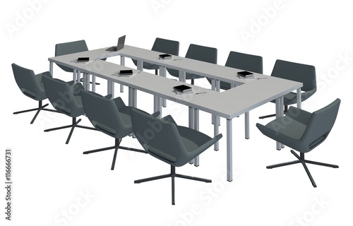 3D Illustration Office Furniture Table and Chairs Isolated On White