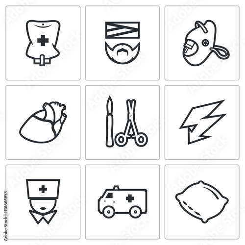 Vector Set of Hospital Icons. Drip, Patient, Mask, Heart, Scalpel and Scissors, Electric Discharge, Nurse, Ambulance, Pillows.