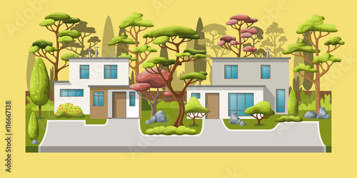 Illustration of two modern family houses with trees