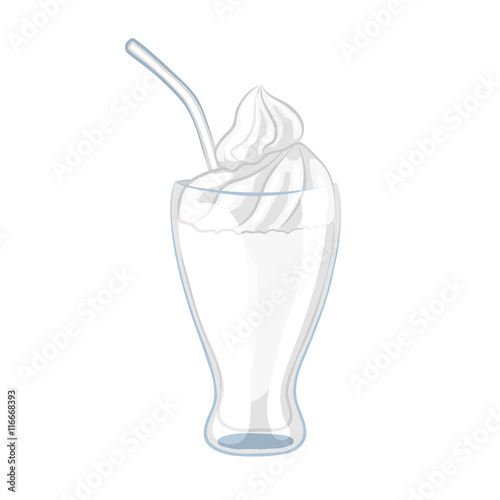 Milkshake with whipped cream in a glass beaker. Cartoon icon. Isolated object on a white background. Vector illustration.