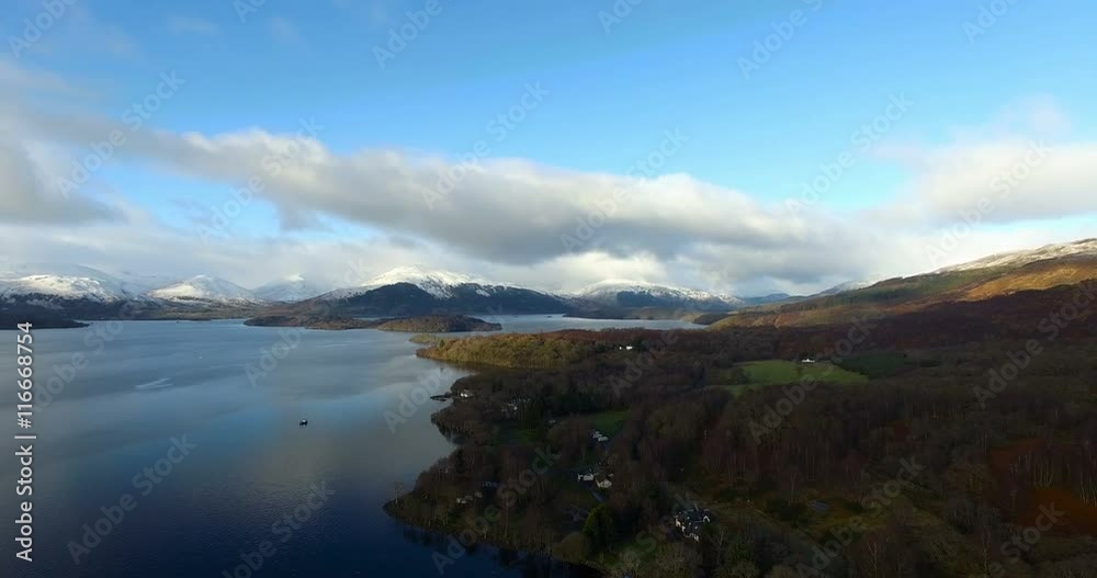 Aerial: Loch Tay in the Scottish Highlands during a clear winters day with snow on Ben Lawers, Scotland Aerial: Loch Tay in the Scottish Highlands during a clear winters day with snow on Ben Lawers, Scotland