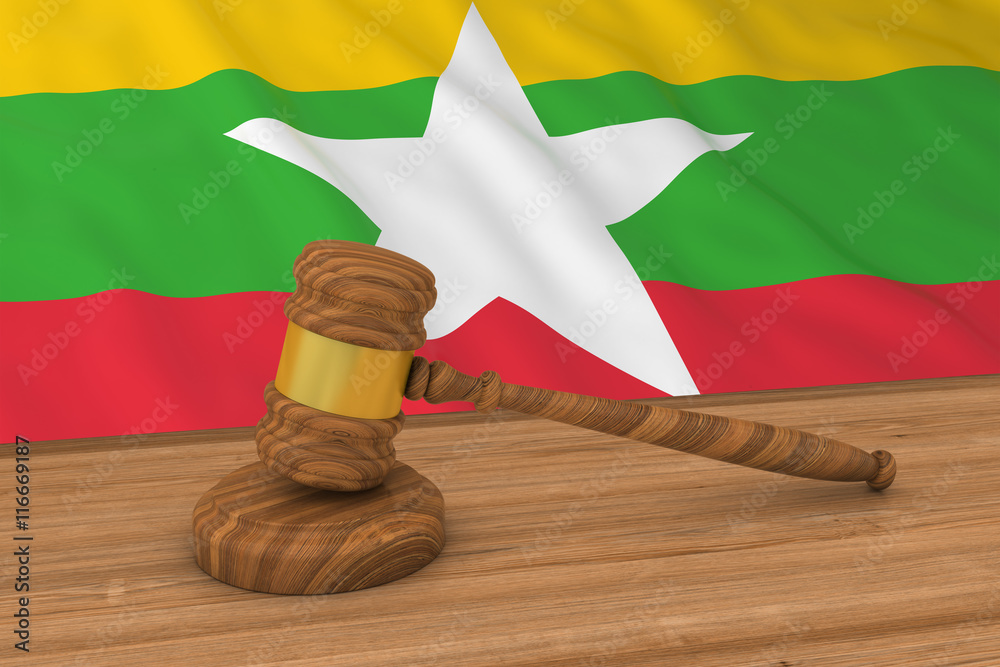 Burmese Law Concept - Flag of Myanmar Behind Judge's Gavel 3D Illustration