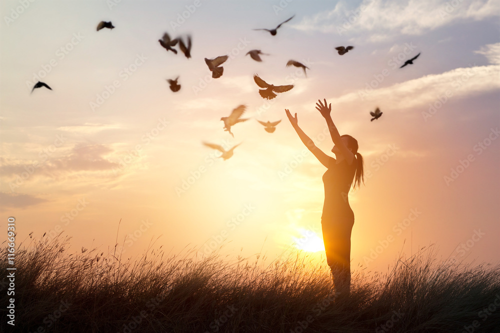 Obraz premium Kobiety modlenie i bezpłatni ptaki cieszy się naturę na zmierzchu tle