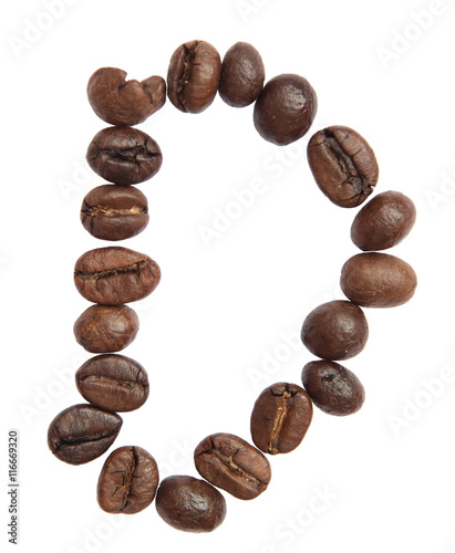Isolated Alphabet; D make from coffee bean on white background