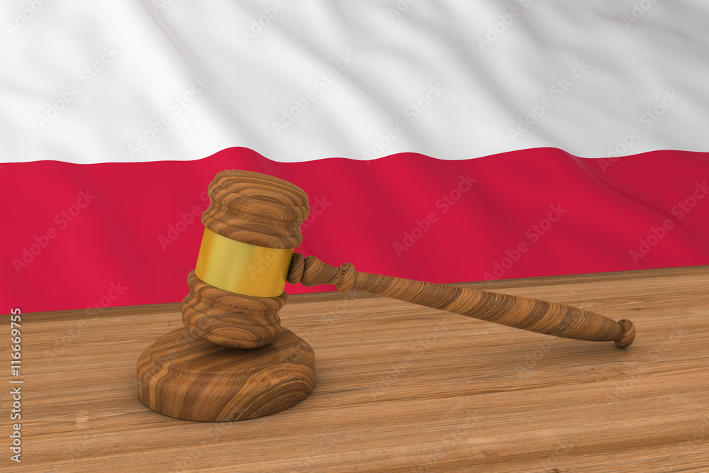 Polish Law Concept - Flag of Poland Behind Judge's Gavel 3D Illustration
