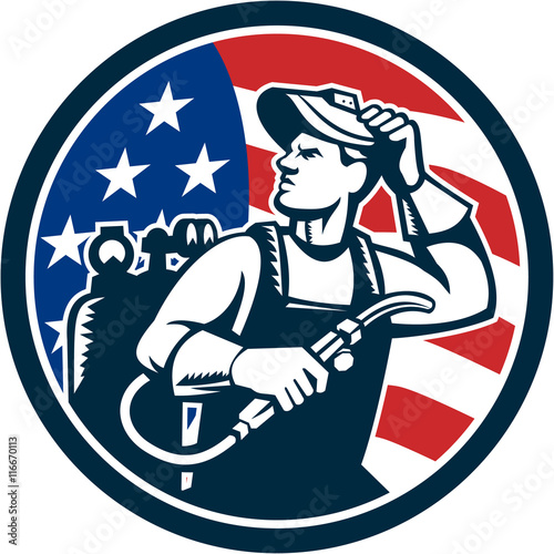 Welder Looking Side USA Flag Circle Retro