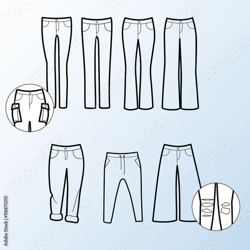 Different types of women trousers and pants   Line vector icons set. Thine line icons