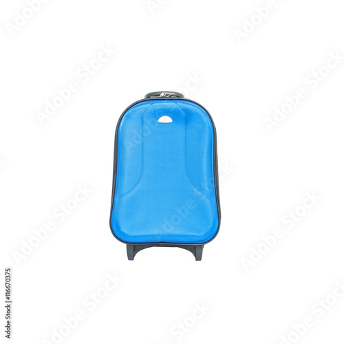 Closeup blue luggage isolated on white background , fabric luggage with plastic roller for travel