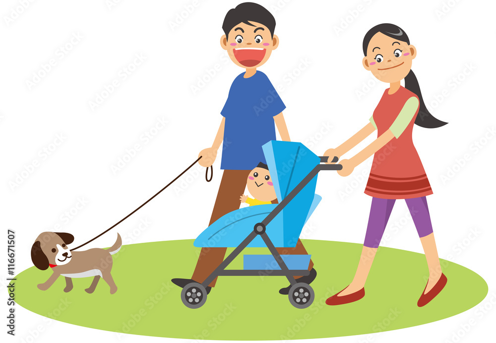 ベビーカーを押しながら犬の散歩をする夫婦のイメージイラスト Stock Vector Adobe Stock ベビーカーを押しながら犬の散歩をする夫婦のイメージイラスト Stock Vector Adobe Stock