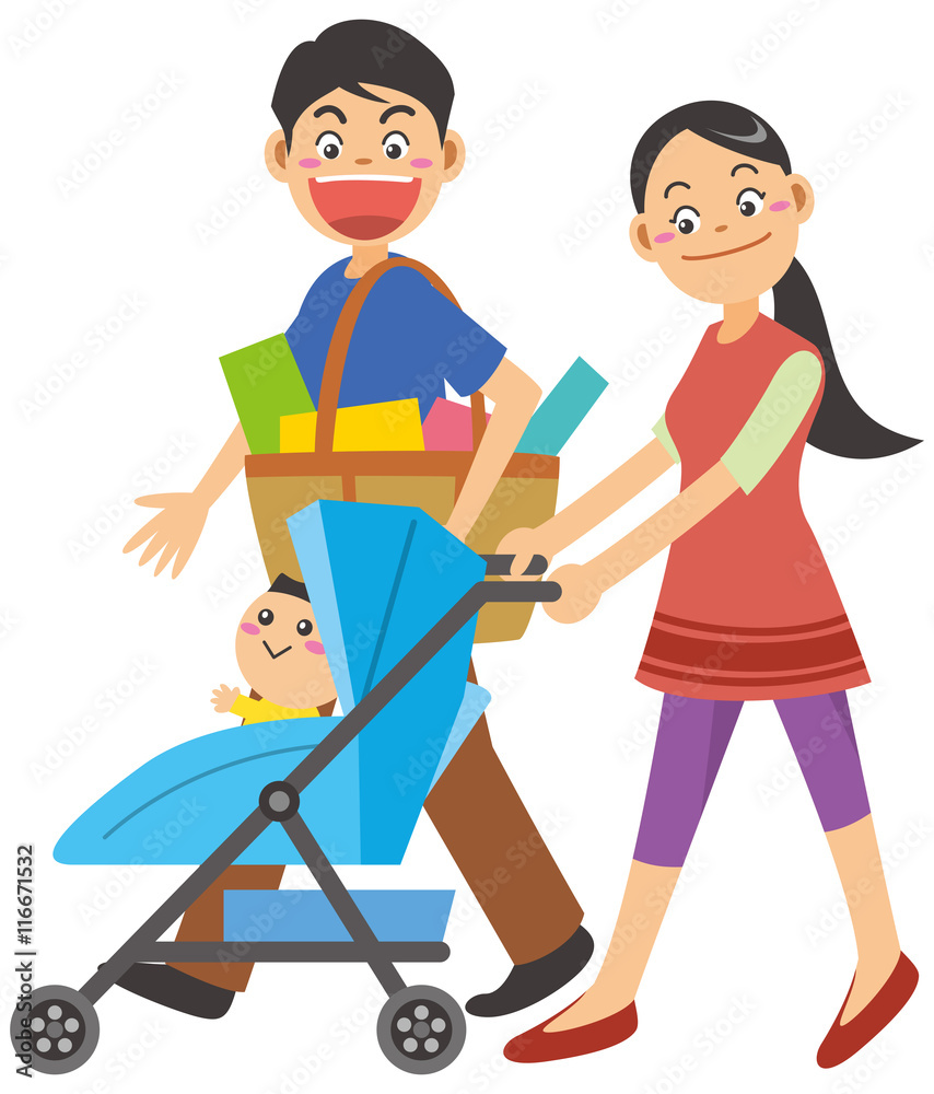赤ちゃんが乗っているベビーカーを押す買い物帰りの夫婦のイメージイラスト Stock Vector Adobe Stock