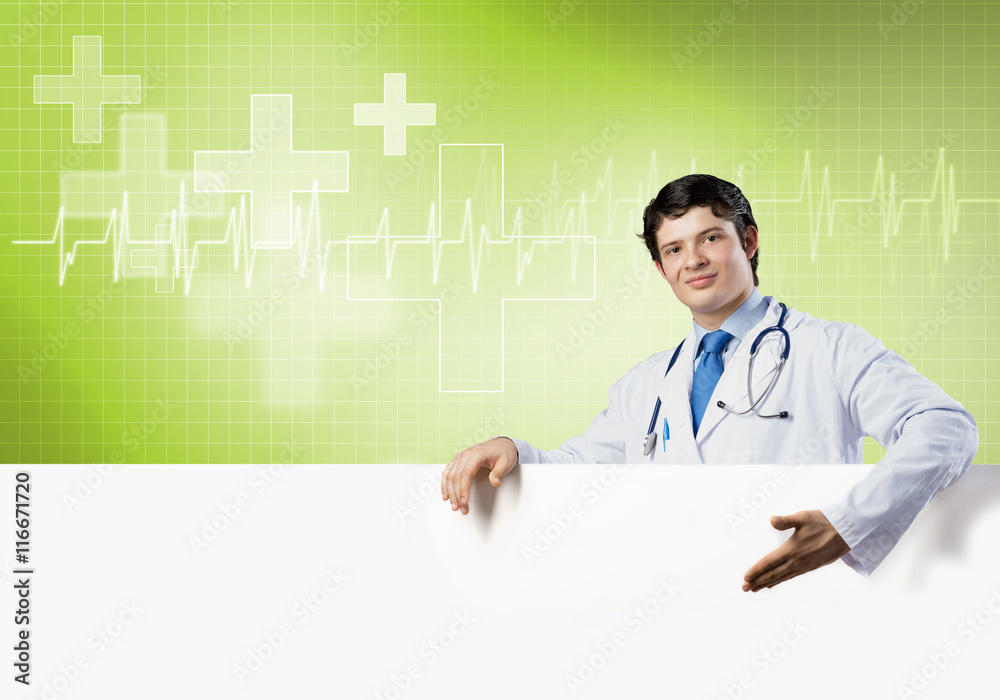 Doctor with banner Doctor with banner