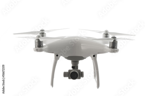 Flying drone quadcopter isolated on white photo