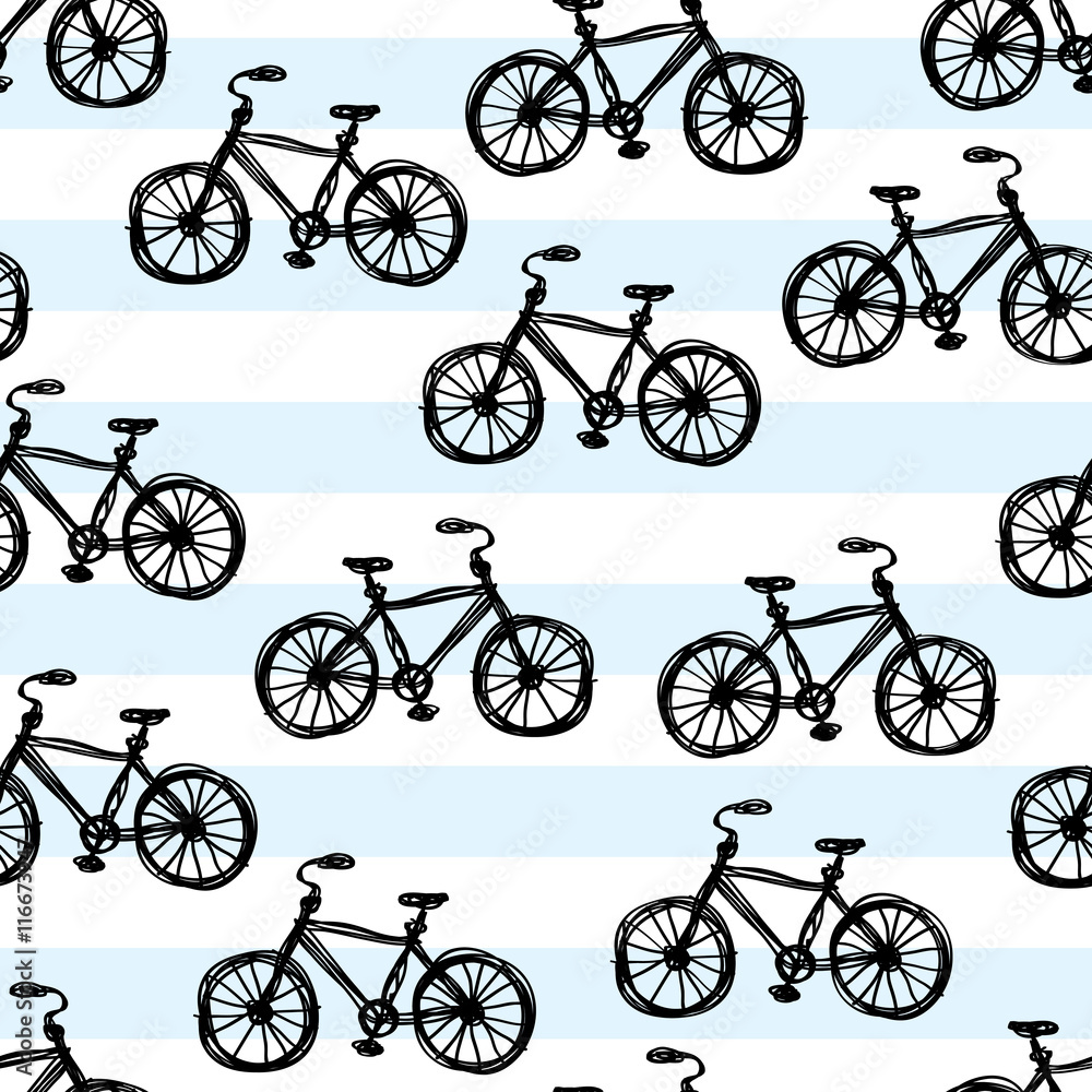 Fun Doodle Bicycle Striped Seamless Repeat Wallpaper Tile - Black, Light Blue and White Fun Doodle Bicycle Striped Seamless Repeat Wallpaper Tile - Black, Light Blue and White