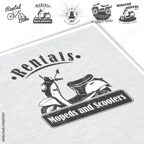 Rent, sale and repair - bicycles, mopeds and scooters. Bicycling Club. Detailed elements. Old retro vintage grunge. Scratched, damaged, dirty effect. Typographic labels, stickers, logos and badges.