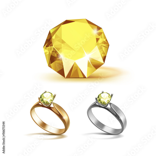 Gold and Siver Engagement Rings with Yellow Shiny Clear Diamond