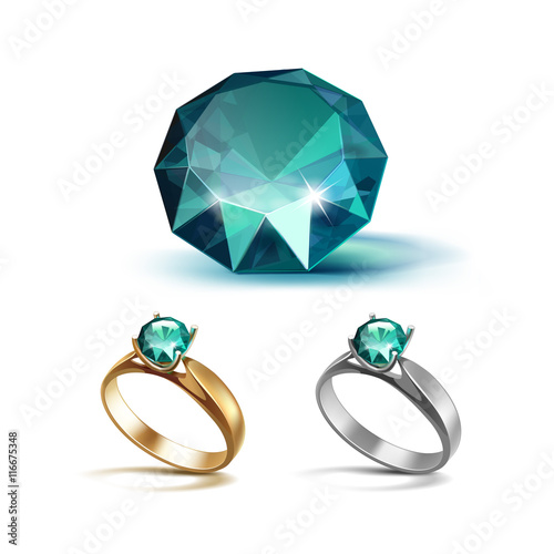 Gold and Siver Engagement Rings with Emerald Shiny Clear Diamond