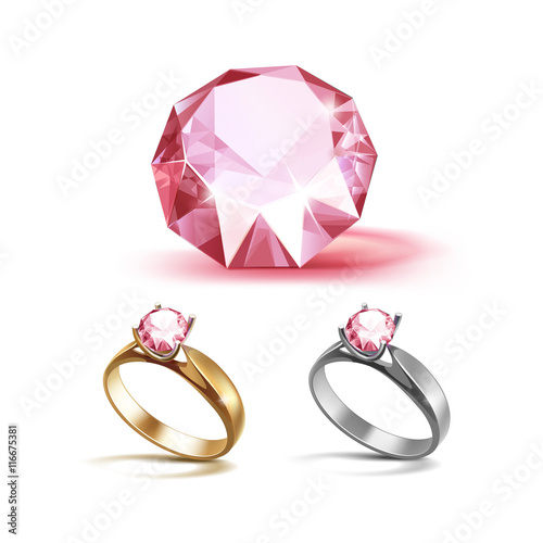 Gold and Siver Engagement Rings with Pink Shiny Clear Diamond