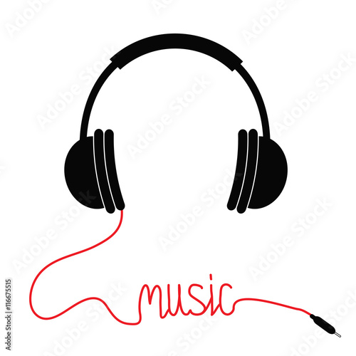 Black headphones with cord in shape of word Music. Card. Flat design icon. White background. Isolated.