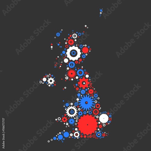 United Kingdom map silhouette mosaic of cogs and gears. Illustration in national colors on dark grey background.