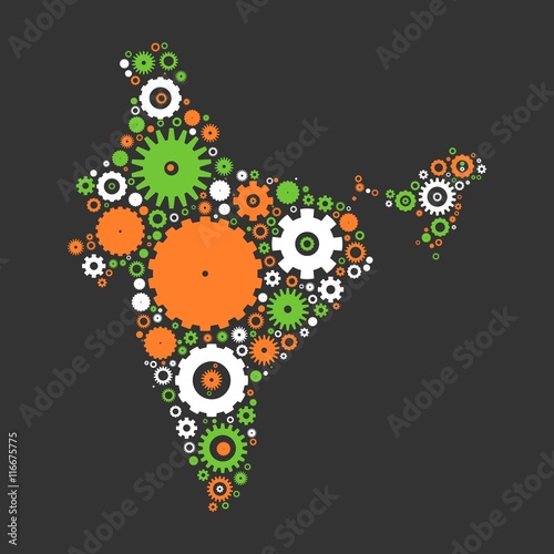 India map silhouette mosaic of cogs and gears. Illustration in national colors on dark grey background.
