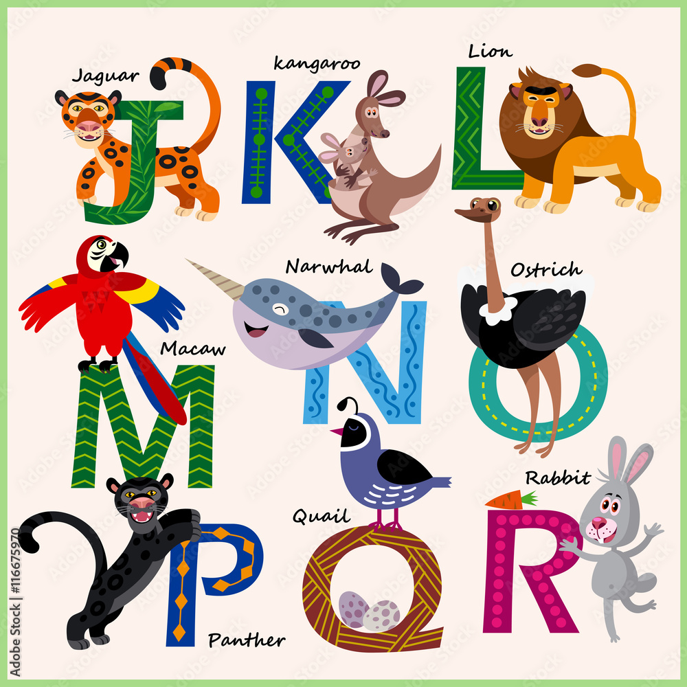 Kids vector Zoo alphabet with animals in cartoon style on a white ...