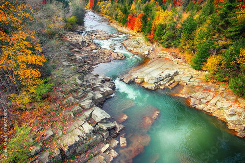 Fototapeta Naklejka Na Ścianę i Meble -  Autumn creek woods  and rocks in forest mountain.