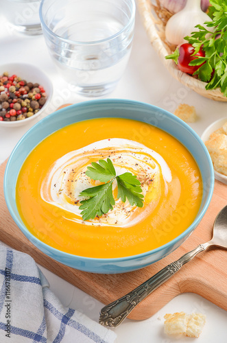 Pumpkin soup with cream and parsley on white background, selective focus