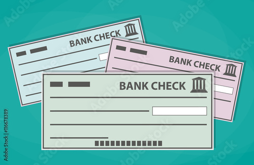 Blank bank checks isolated on green background