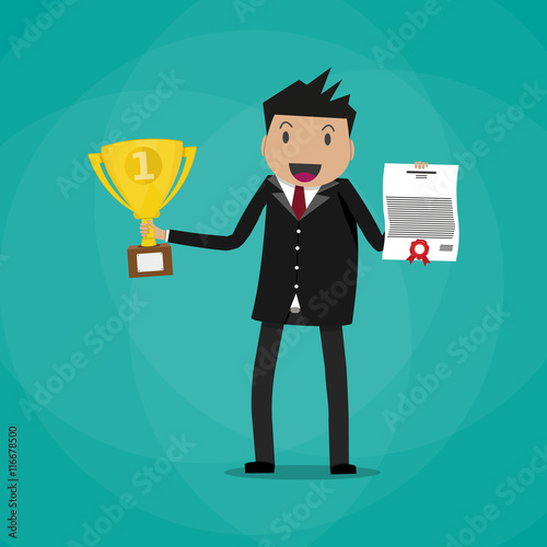 businessman winner holding certificate and trophy